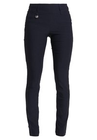 Námořnické kalhoty s přiléhavým střihem, vysokým pasem a zapínáním na přední knoflík. Vyrobeno z hladkého materiálu s minimální texturou a bez viditelných vzorů.