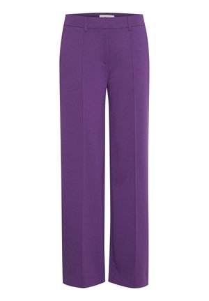 Paarse wijde broek gemaakt van zachte, rekbare stof met een gladde textuur. Heeft een middelhoge taille en voorste plooien voor extra stijl.