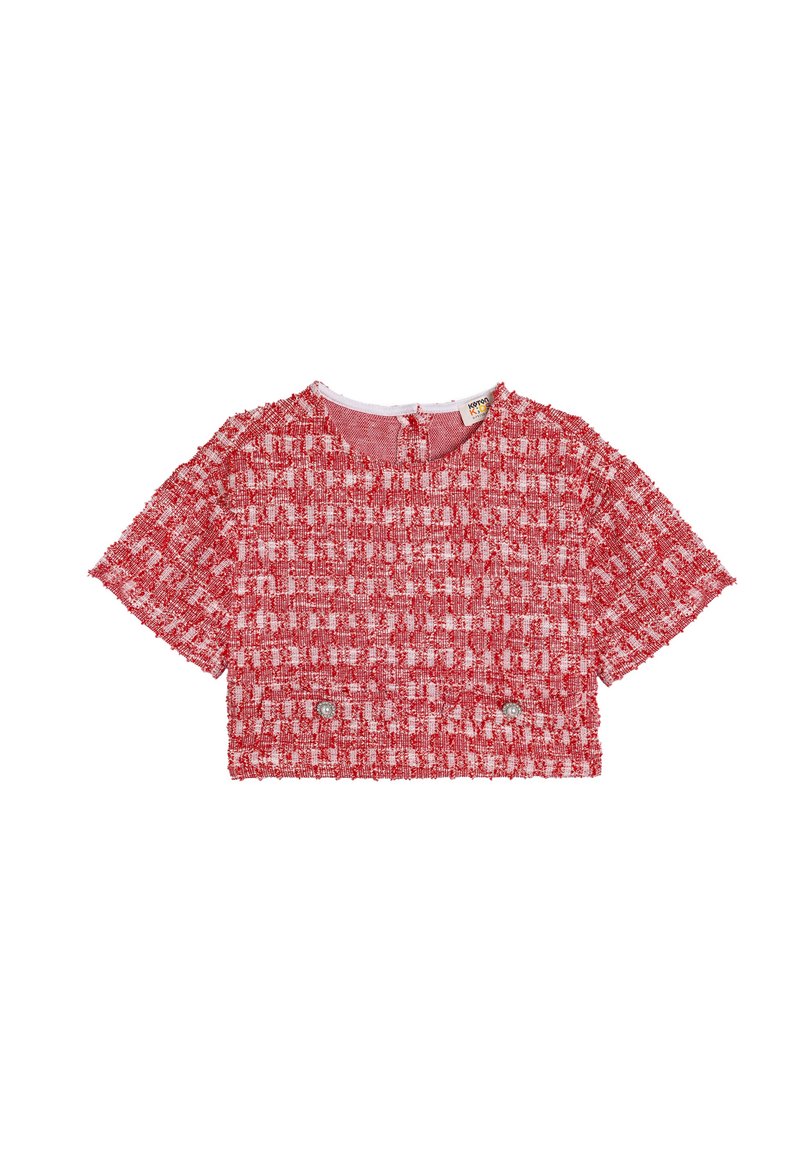 Punainen ja valkoinen kudottu croptop lyhyillä hihoilla, tekstuurimainen kuvio, pyöreä pääntie ja nappikoristeet edessä.
