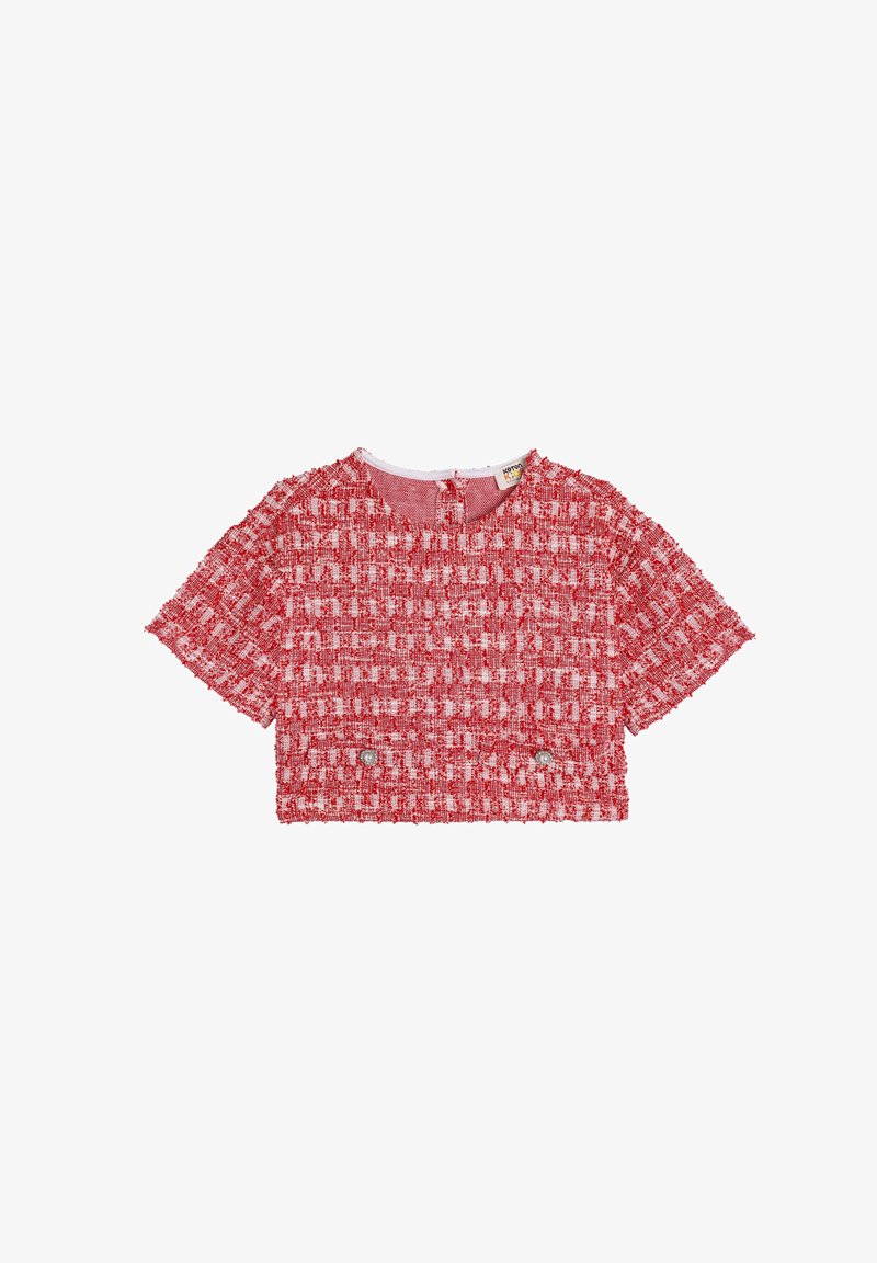 Rød og hvid vævet cropped top med korte ærmer, tekstureret mønster, rund halsudskæring og knapdetaljer foran.