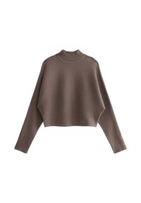 Brązowy sweter z ribbowanego materiału z wysokim kołnierzem, skróconym fasonem i długimi rękawami, z teksturowaną powierzchnią i luźnym krojem.