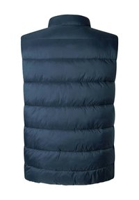 Marineblå puffervest med høy krage, med horisontale quiltede seksjoner og en glatt, blank overflate.