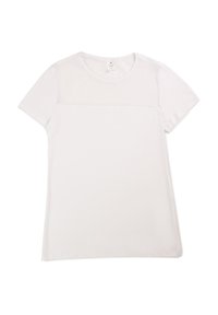 Biała koszulka z krótkim rękawem o gładkiej fakturze i lekko przezroczystym panelu na górze z przodu. Prosty dół i okrągły dekolt.