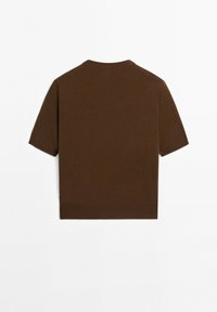 Plain brown short-sleeve knit shirt with crew neckline, laid flat showing the back side against a white background.