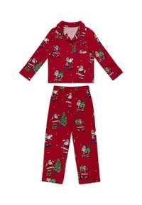 Rote langärmlige Button-Up-Pyjama-Set mit festlichen Mustern von Santa Claus, Weihnachtsbaum und Geschenken.