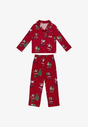 Rote langärmlige Button-Up-Pyjama-Set mit festlichen Mustern von Santa Claus, Weihnachtsbaum und Geschenken.