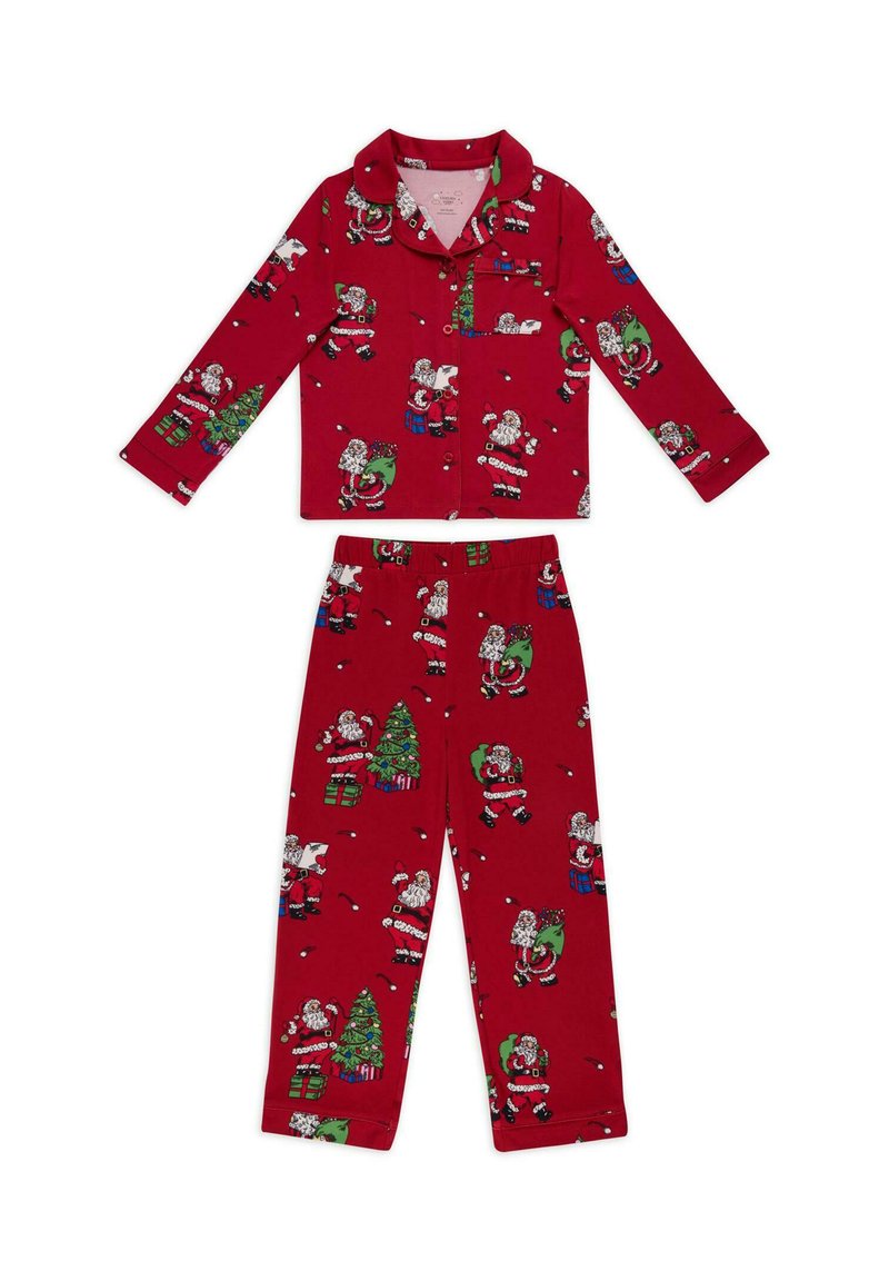 Rote langärmlige Button-Up-Pyjama-Set mit festlichen Mustern von Santa Claus, Weihnachtsbaum und Geschenken.