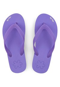 Purple rubber flip-flops with a textured strap and a floral pattern on the sole. Smooth surface with a low-profile design.