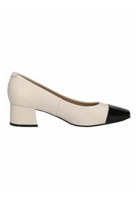Béžové kožené lodičky s kulatou špičkou a černým lakovaným lemem. Obsahují blokový podpatek a hladký povrch po celém těle.