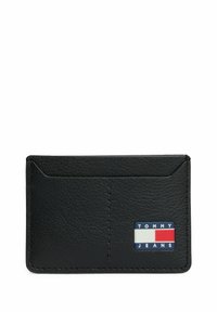 Porta carte in pelle nera con finitura testurizzata, caratterizzato da una patch con logo in blu, rosso e bianco. Include due scomparti per carte e bordi cuciti.