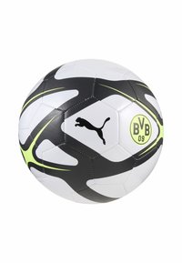 Puma jalgpall, millel on valge, must ja neoonkollane disain. Omab heksagonaalset paneelide mustrit ja logo BV Borussia Dortmundile (BVB 09).