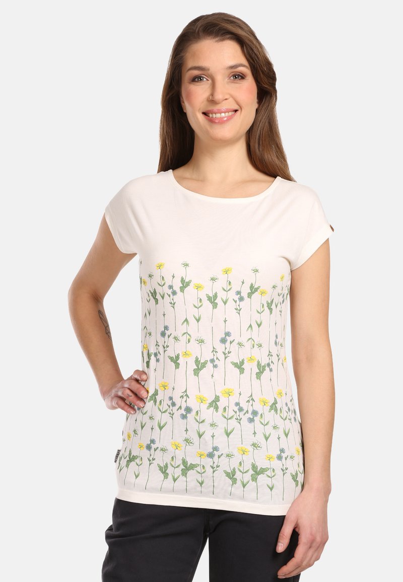Kortærmet, creme T-shirt med blomsterprint i gul og blå, med grønne stilke. Blødt bomuldsmateriale med en afslappet pasform.