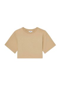 Beige bomulds T-shirt med cropped længde, korte ærmer og rund halsudskæring, der har en ensartet tekstur og en afslappet pasform. Minimalistisk design.