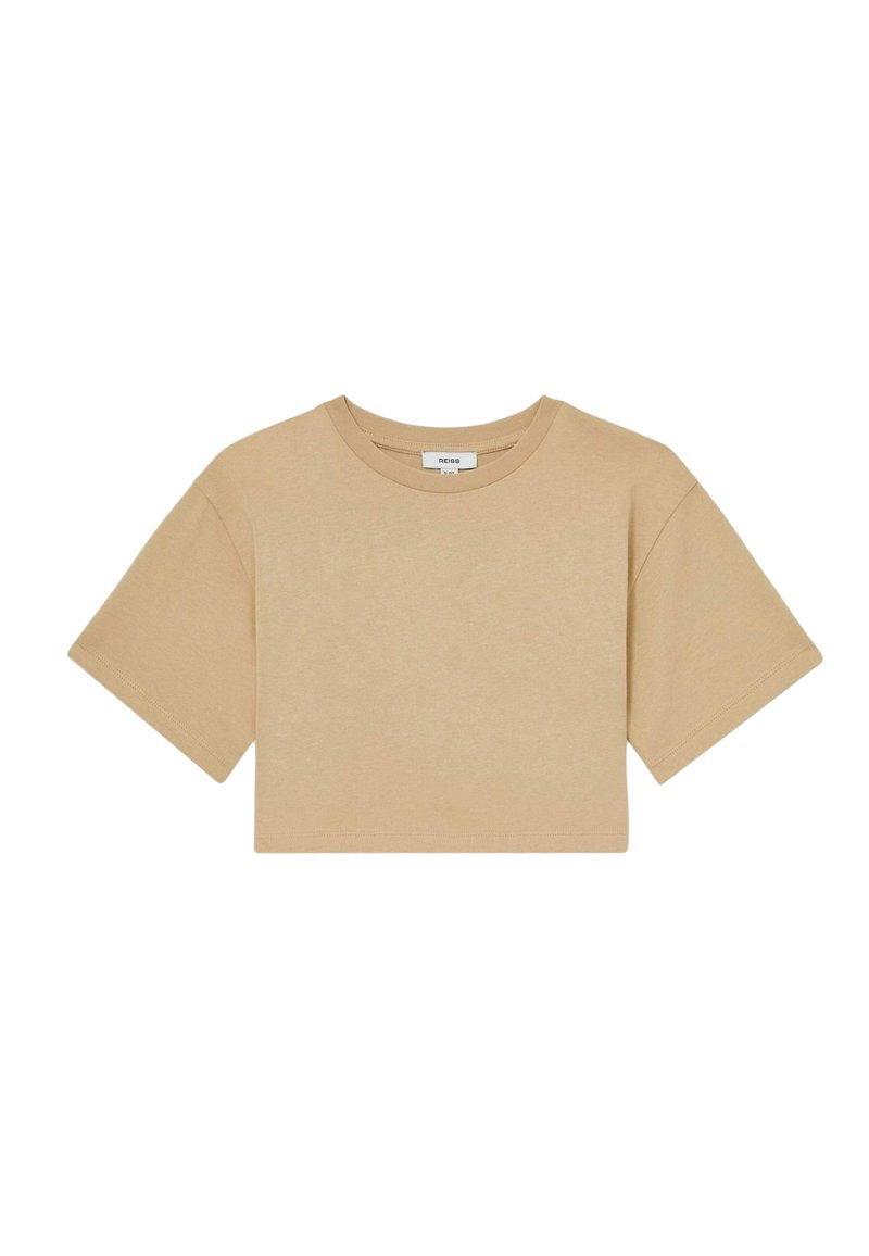Beige bomulds T-shirt med cropped længde, korte ærmer og rund halsudskæring, der har en ensartet tekstur og en afslappet pasform. Minimalistisk design.