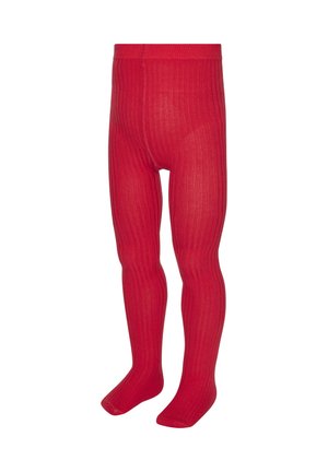 Red ribbed toddler-sized tights with integrated feet, displayed against a white background.