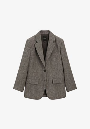 Gray textured blazer featuring a notched lapel, two front pockets, and a single-button closure. The material has a subtle pattern.