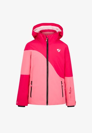 Rosa und hellrosa Skijacke mit gebogener Gestaltung, Reißverschluss, zwei Seitentaschen und abnehmbarer Kapuze. Verfügt über schwarze Akzente.