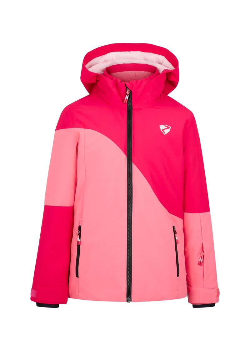 Rosa und hellrosa Skijacke mit gebogener Gestaltung, Reißverschluss, zwei Seitentaschen und abnehmbarer Kapuze. Verfügt über schwarze Akzente.