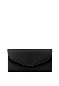 Black wallet made of smooth leather with a textured, dotted pattern. Features a flap closure and embossed logo on the front.