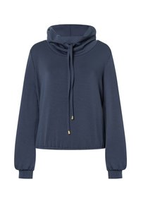 Marineblaues, kurzes Sweatshirt mit Trichterkragen, Kordelzug und goldenen Hardwaredetails. Der Stoff hat eine weiche, glatte Textur und lange Ärmel.
