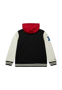 Kapuzensweatshirt mit schwarzem Körper, cremfarbenen Ärmeln und einer roten Kapuze. Verfügt über gerippte Bündchen und Saum, mit einem blauen Akzent am Ärmel.