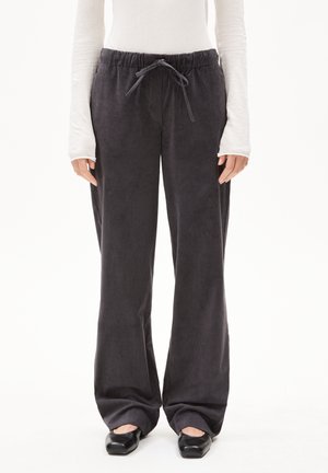 Wijde corduroy broek in donkergrijs met een trekkoord in de taille, voorzien van een verticale ribbeltextuur en een relaxed fit.