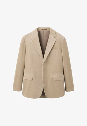 Beige Cord-Blazer mit gezacktem Revers, zwei Fronttaschen und einem Ein-Knopf-Verschluss. Verfügt über eine vertikale Rippstruktur.
