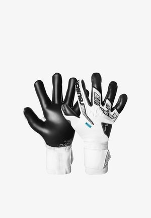 Pair of white and black goalkeeper gloves, one showing palm with grip texture, the other back with brand logo and wrist strap details.