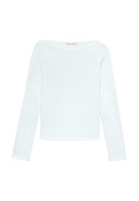 Maglia a maniche lunghe di colore bianco sporco realizzata in tessuto morbido. Presenta uno scollo ampio e una silhouette aderente con polsini e orlo senza cuciture.