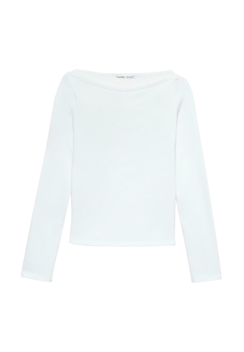 Maglia a maniche lunghe di colore bianco sporco realizzata in tessuto morbido. Presenta uno scollo ampio e una silhouette aderente con polsini e orlo senza cuciture.