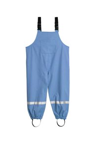 Pantaloni da lavoro impermeabili blu con bretelle nere regolabili, polsini elasticizzati, bande riflettenti argento e una tasca sul retro. Texture liscia e design utilitario.