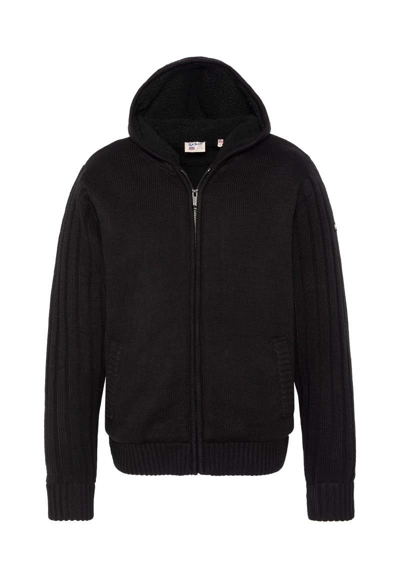 Sweat à capuche noir à fermeture éclair, en tissu tricoté texturé, avec une grande capuche, des poignets côtelés et des poches latérales. Design simple et fonctionnel.