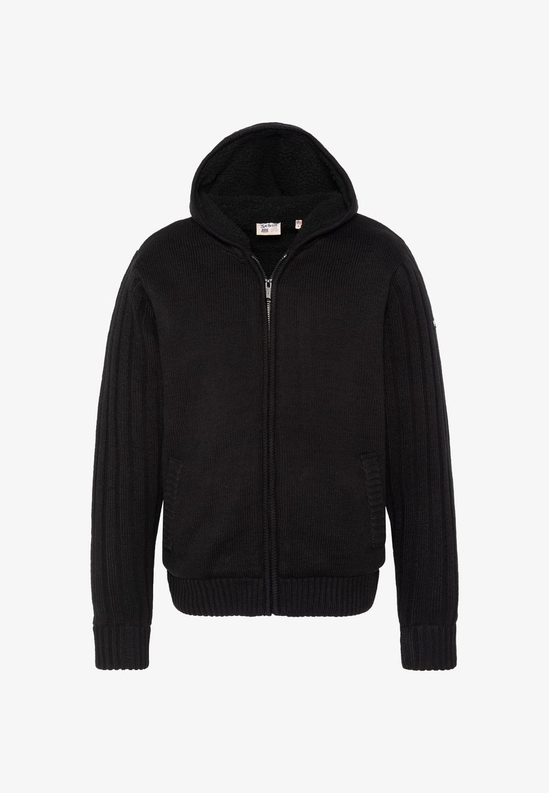 Sweat à capuche noir à fermeture éclair, en tissu tricoté texturé, avec une grande capuche, des poignets côtelés et des poches latérales. Design simple et fonctionnel.