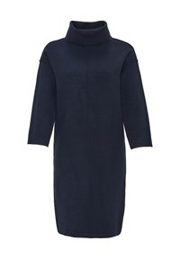 Robe bleu marine avec un col montant, des manches trois-quarts et un tissu uni. Présente une silhouette droite et un nombre limité de coutures.