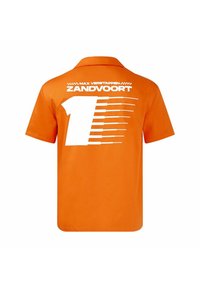 Pomarańczowa koszulka polo z kołnierzykiem, z dużą białą cyfrą "1" oraz napisem "ZANDVOORT" z tyłu, a także paskami i logo powyżej.