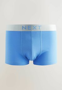 Blå herrboxershorts i mjuk bomull. Har ett ljusgrått elastiskt midjeband med "NEXT" tryckt i blått. Slät textur och figurnära design.