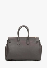 Leren handtas in donkerbruin, met twee ronde handgrepen, gestructureerde vorm, gladde textuur en gouden hardware.