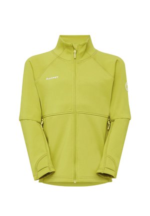 Giacca verde chiaro con zip integrale, collo alto, tasche con cerniera, fori per i pollici e logo Mammut sul petto e sulla manica.