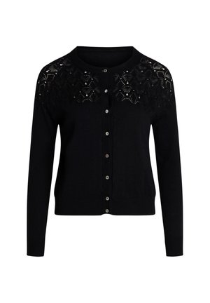 Black cardigan with a lace pattern on the shoulders, round neckline, and front button closure. Long sleeves and ribbed hem detail.
