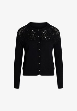 Zwarte cardigan met een kantpatroon op de schouders, ronde halslijn en sluiting met knopen aan de voorkant. Lange mouwen en geribbelde zoomdetails.