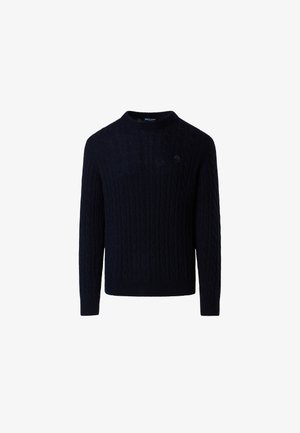 Marineblaue Kabelstrickpullover aus strukturierter Baumwolle. Mit klassischem Rundhalsausschnitt und gerippten Bündchen und Saum. Minimales Logodesign auf der Brust.