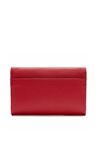 Portafoglio rosso in pelle con superficie testurizzata, caratterizzato da un design rettangolare elegante e una chiusura sicura, senza hardware o accenti visibili.