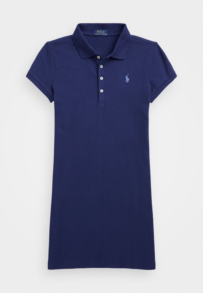 Marinblå pikéklänning i bomull med krage, korta ärmar, treknappslinning och en liten broderad logotyp på bröstet.