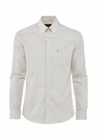 Męska koszula zapinana na guziki w jasnym wzorze w kratkę; materiał jest biały z beżowymi i jasnoniebieskimi kwadratami. Posiada stożkowy kołnierzyk oraz kieszeń na piersi.