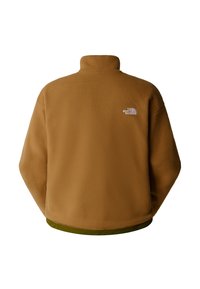 Giacca in fleece marrone con colletto alto, caratterizzata da una texture cucita, un logo ricamato sul retro e un orlo inferiore verde a contrasto.