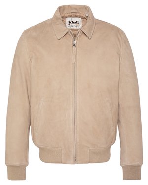 Giacca beige in camoscio con zip, colletto a punta, tasche laterali, polsini e orlo a costine, con etichetta Schott New York all'interno del colletto.