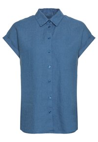 Blå linne skjorta med kort ärm och knäppning fram, med matchande knappar och klassisk krage. Slät textur, avslappnad passform.