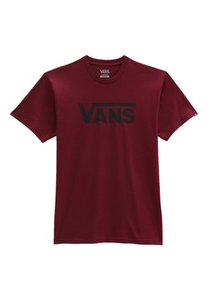 Vinrød T-shirt med korte ærmer med sort Vans logo centreret på brystet, rund hals og standard pasform.
