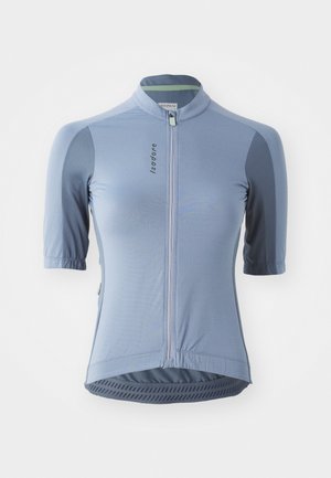 Light blue cycling jersey with short sleeves, zip front, mesh panels, and textured hem. Features subtle branding and contrast grey accents.
