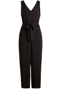 Black jumpsuit with a V-neck, two buttons at the front, and a waist tie. Sleeveless with straight legs, made of smooth fabric.
